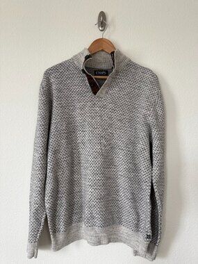CHAPS Textured Knit Sweater L Gray Birdseye Cotton Leather Trim Mock Neck Classi